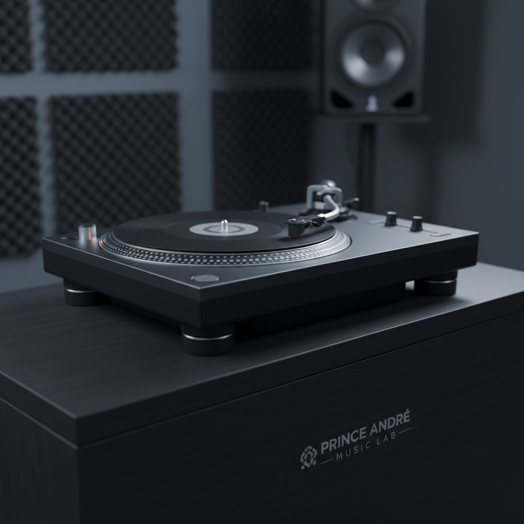A sleek, high-fidelity DJ turntable with a brushed matte-black finish and subtle chrome detailing, positioned atop a minimalist, dark wood console. The environment is an elegantly lit music studio, with soft diffused light cascading from above, creating gentle, sophisticated shadows and muted reflections on the console's surface. The backdrop features a blurred hint of acoustic paneling and studio monitors, imparting depth without distraction. The shot is composed from an eye-level, slightly off-center angle, emphasizing the refined lines and textures of the turntable. The mood is sophisticated, focused, and polished, capturing the essence of professional music production. The style maintains photographic realism with a minimalist, muted palette and subtle gradients for an elevated, modern feel—perfectly representing the artistic hub of Prince Andre.
