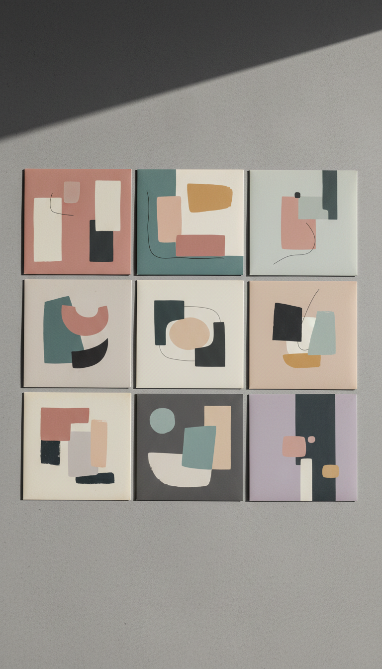 An array of carefully curated vinyl record sleeves, each featuring minimalist, abstract artwork in soft, desaturated tones, arranged neatly on a muted grey surface with refined, subtle grain. Natural afternoon light streams at a low angle from the side, lending delicate, elongated shadows and gently highlighting the texture of the sleeves. The scene is tightly framed from above, employing a bird's eye perspective and focusing on an elegant and organized layout. The composition is clean, with balanced negative space, evoking a sense of nostalgia and artistic sophistication. Photographic realism and minimalist aesthetic combine to reflect Prince Andre’s tasteful curation in music and design.